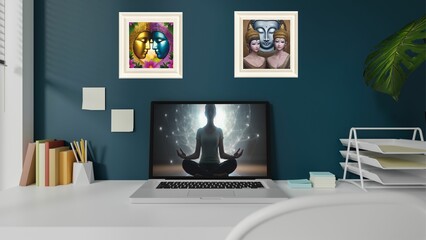 Despacho de una mujer que sabe armonizar su trabajo con la paz interior y la meditación. Mujer meditando en la laptop. Cuadros increíbles de manifestaciones de Buda amando. Despertar espiritual.