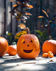 Fototapeta premium Halloween. Happy Jack o lantern face. Pumpkin on Halloween party. Smiling Jack-o'-lantern. Decoration Idea for Home, house on halloween. Autumn or fall season. Wooden fence on background