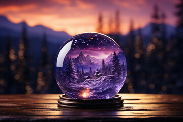 A snowglobe with low hills of snow inside and nothing else, on a wooden table, blurry neon - purple lights in the back. AI generative