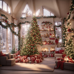Interior of a house decorated for Christmas. Generative AI