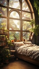 Fototapeta premium A bed in a room with a large window