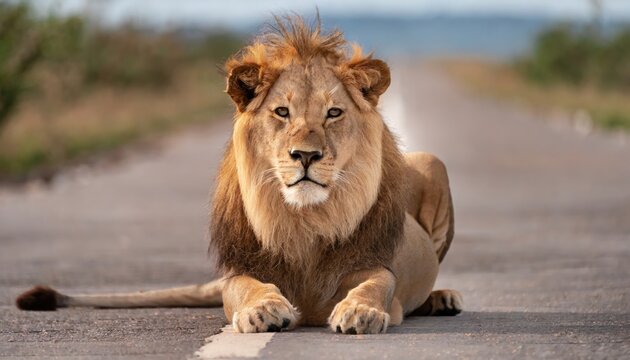 lion sitting on the road and looking to the camera