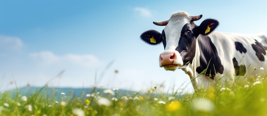 Summer cow grazing on grassy field