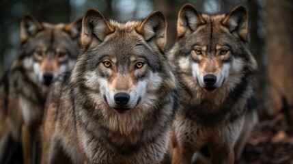 Three wolf in the forest, close-up portrait, selective focus. Wildlife concept with a copy space.