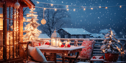 Beautiful outdoor winter terrace with Christmas decorations and snowfall. Selective focus