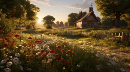 a charming countryside setting with a quaint, handcrafted sundial nestled in a bed of wildflowers, basking in the golden hour light
