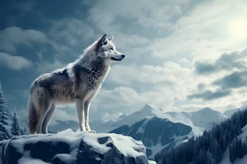 Deurstickers a large white dog standing on top of a snow covered mountain © Bendix