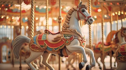 a classic wooden carousel in motion, adorned with meticulously handcrafted horses and ornate decorations, capturing the magic of childhood