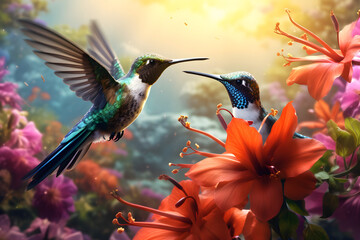a colorful bird is perched on a colorful flower