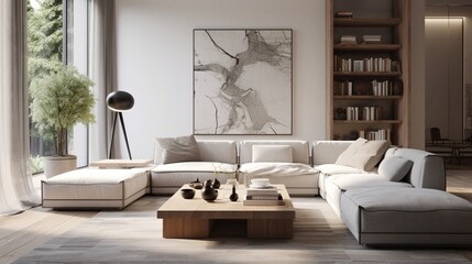 a contemporary living space, focusing on a striking sofa with clean lines and neutral tones