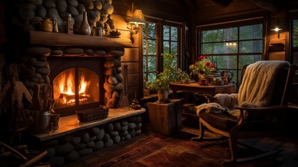 Fototapeta na wymiar a cozy cabin interior with handcrafted wooden furniture, bathed in the warm glow of a crackling fireplace, exuding rustic charm