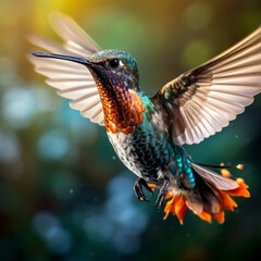 Fototapeta premium Fotografia de primer plano con detalle de colibri de colores vivos