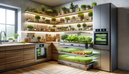 Zukünftige Küche mit integrierten Pflanzenanbausystemen, autonomen Küchengeräten und einem multifunktionalen Kühschrank und multifunktionalen Ofen - obrazy, fototapety, plakaty