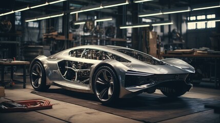 a high-end automotive workshop with aluminum car bodies in the process of assembly, capturing the craftsmanship of luxury automobile manufacturing