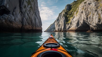A kayak gliding through calm waters, framed by towering cliffs on both sides.