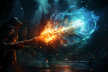 shot of a dark murky water cannon blast spell being launched by a magic wand. AI generative