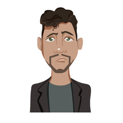 Portrait of a guy with curly hair, doubt emoji