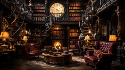 Fototapeta na wymiar a majestic library with a grand, antique clock set amidst towering bookshelves, evoking an ambiance of intellectual allure