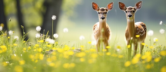Young deer searching for dandelions legs together