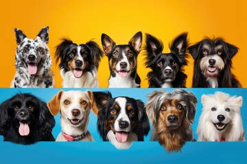 Collage of different dog breeds on a yellow and blue background