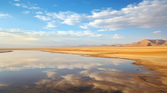 a mirror-like lake in a vast desert, where the horizon seems to disappear into the shimmering waters