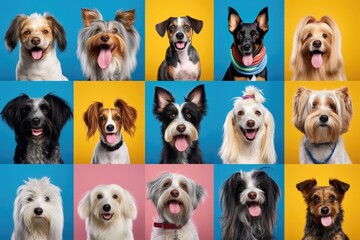 Different breeds of dogs. Collage of different dogs on colorful background