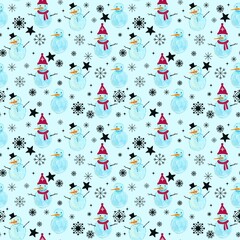 Winter ice seamless Christmas watercolor snowman pattern for wrapping paper and fabrics and linens