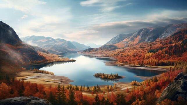 a pristine lake nestled in a valley, with the surrounding hillsides painted in a spectrum of autumn colors