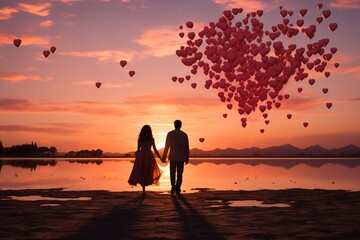 Fototapeta premium Couple in love on Valentine's Day. Heart-shaped balloons as a symbol of love. Ai generative