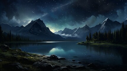 a remote mountain lake with a canopy of stars overhead, creating a mesmerizing night scene