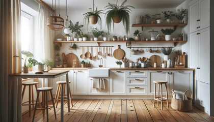 Moderne Küche im skandinavischen Stil mit weißen Schränken, Holzakzenten und hängenden Pflanzen