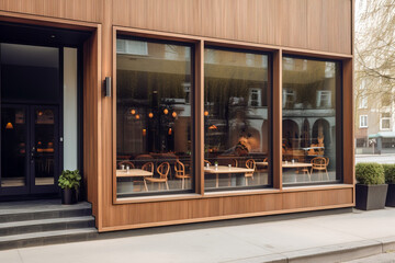 Cozy urban cafe exterior facade with wooden decor accents and large window