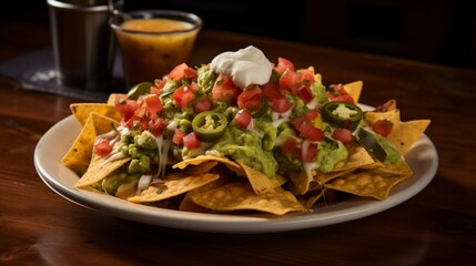A satisfying serving of nachos, piled high with cheese, jalape?+/-os, and guacamole.