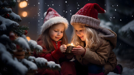 Two little girls with Santa hat looking at a candle light they hold together in their hands next to a Christmas tree under the snow
