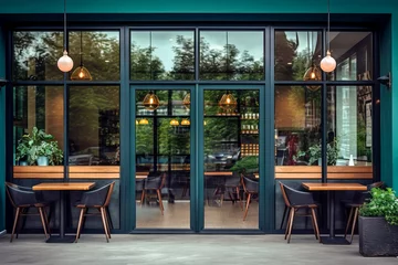 Foto op Plexiglas Modern cafe exterior with glass windows, showcasing interior through glass and outdoor seating. © Pics_With_Love