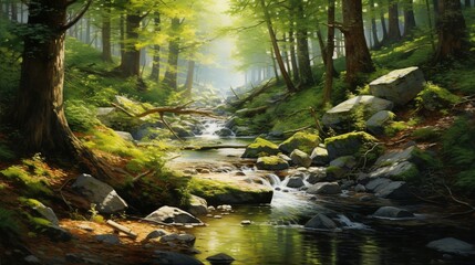 Fototapeta na wymiar A serene forest glade, dappled in sunlight, with a babbling brook.