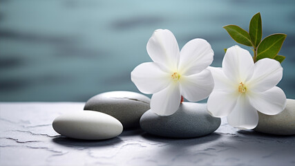 Naklejka na ściany i meble White frangipani flowers and zen stones on the sea background