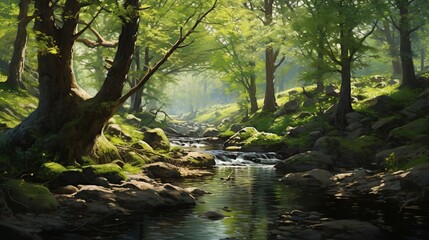A serene forest glade, dappled in sunlight, with a babbling brook.