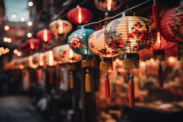Chinese New Year. Chinese lanterns illuminate the streets. Ai generative.