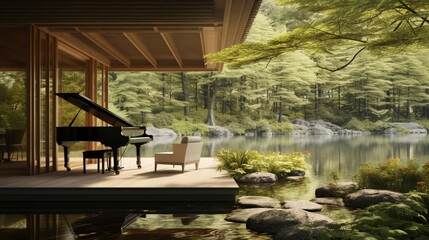 a serene lakeside pavilion with an open piano inviting musicians to play melodies that resonate across the tranquil waters, harmonizing with nature