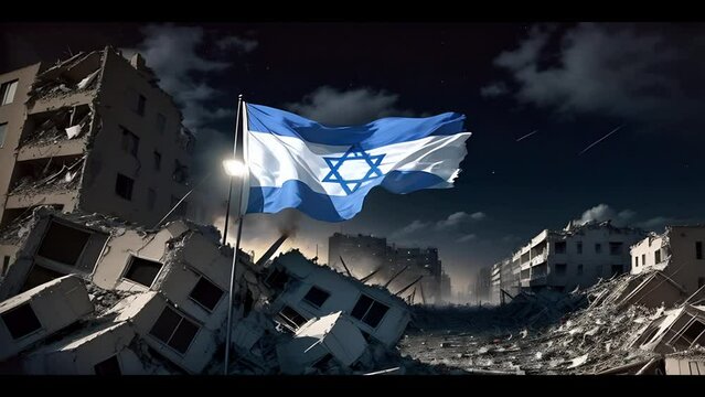 The holy land of Jerusalem with flag of Israel on dark background, animation