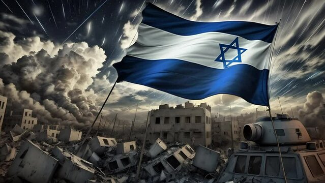 An animation depicting a scene of a military conflict in Israel,  flag of Israel against the backdrop of damaged buildings at night
