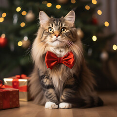 Tabby fluffy cat with a red bow on the background of a Christmas tree