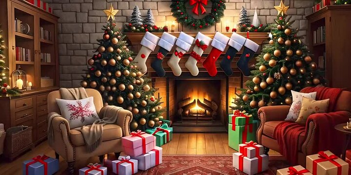 Animation of cozy Christmas atmosphere at home with Christmas tree and gifts, background with fireplace and Christmas stockings. Christmas decorations.