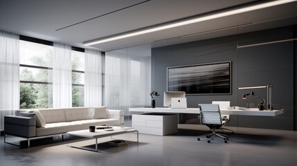 a sleek and minimalist office interior with aluminum accents, radiating a sense of corporate sophistication and contemporary professionalism