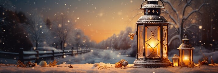 Christmas glowing lantern stands on snowy ground against bokeh of holiday lights. Ai generative
