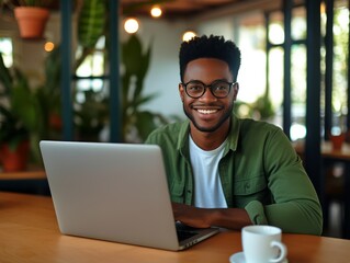 Obraz premium man working on laptop in cafe