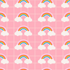 Seamless pattern of rainbows. Cute background for textile, and web design in pastel colors. Kids vector seamless pattern with pastel rainbows on a grid background.