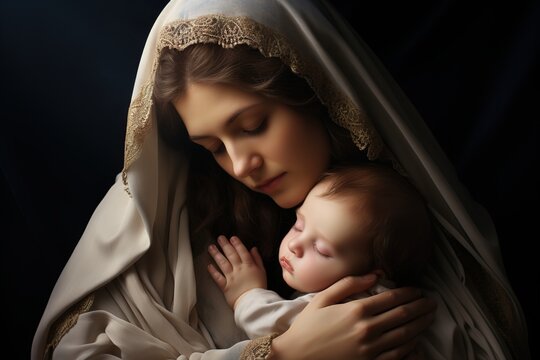 Holy Mary holding baby Jesus Christ in her arms. Ai generative