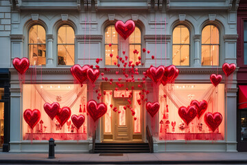 Store facade window decorated with red hearts and ornaments for Valentine's Day